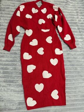 Red Heart Print Knit Sweater Dress - Size S